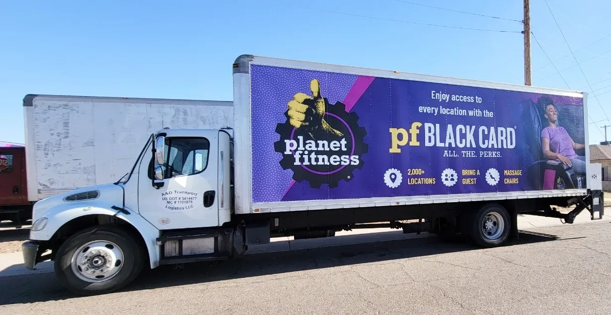 Planet Fitness PF Black Card box-truck mobile billboard, Adgile Media Group virtual fleet