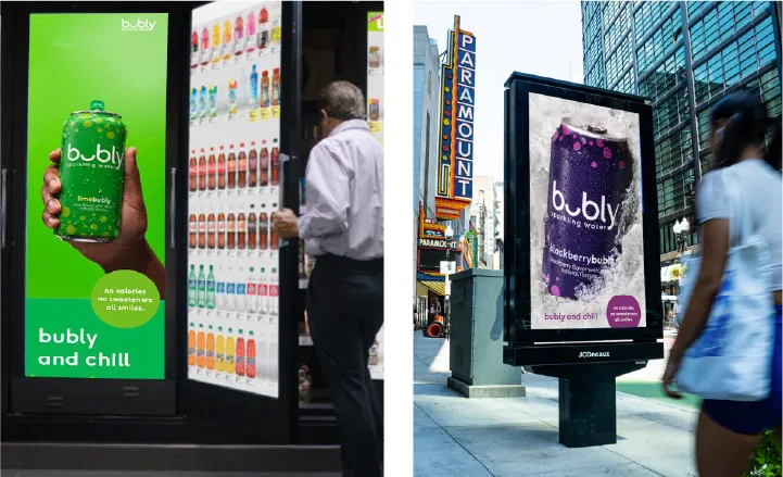 Bubly 'Bubly and Chill' summer campaign on DOOH billboard / place-based retail screens, from Adomni case study.