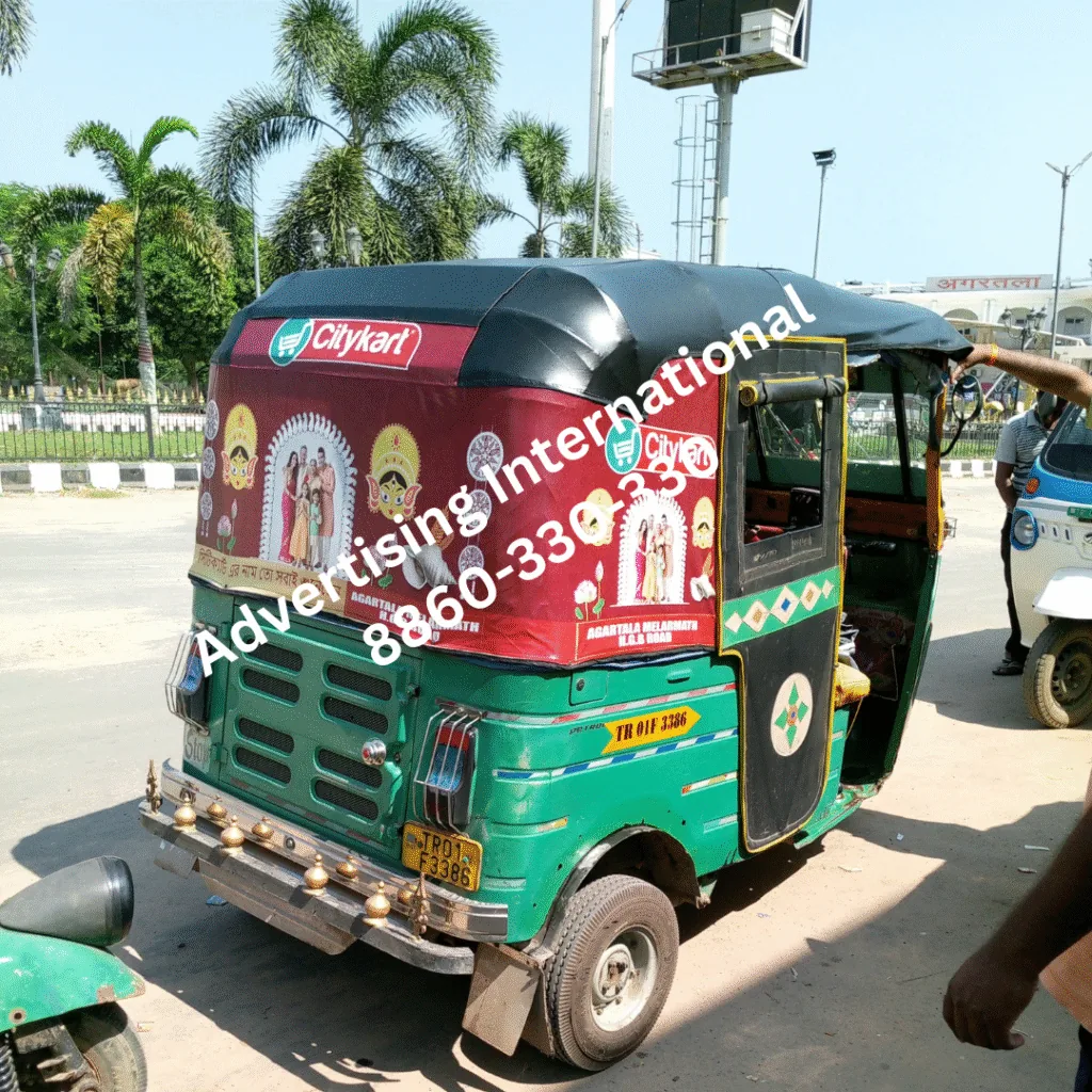 Auto-rickshaw hood-cover branding for Citykart, Agartala (India), Advertising International watermark
