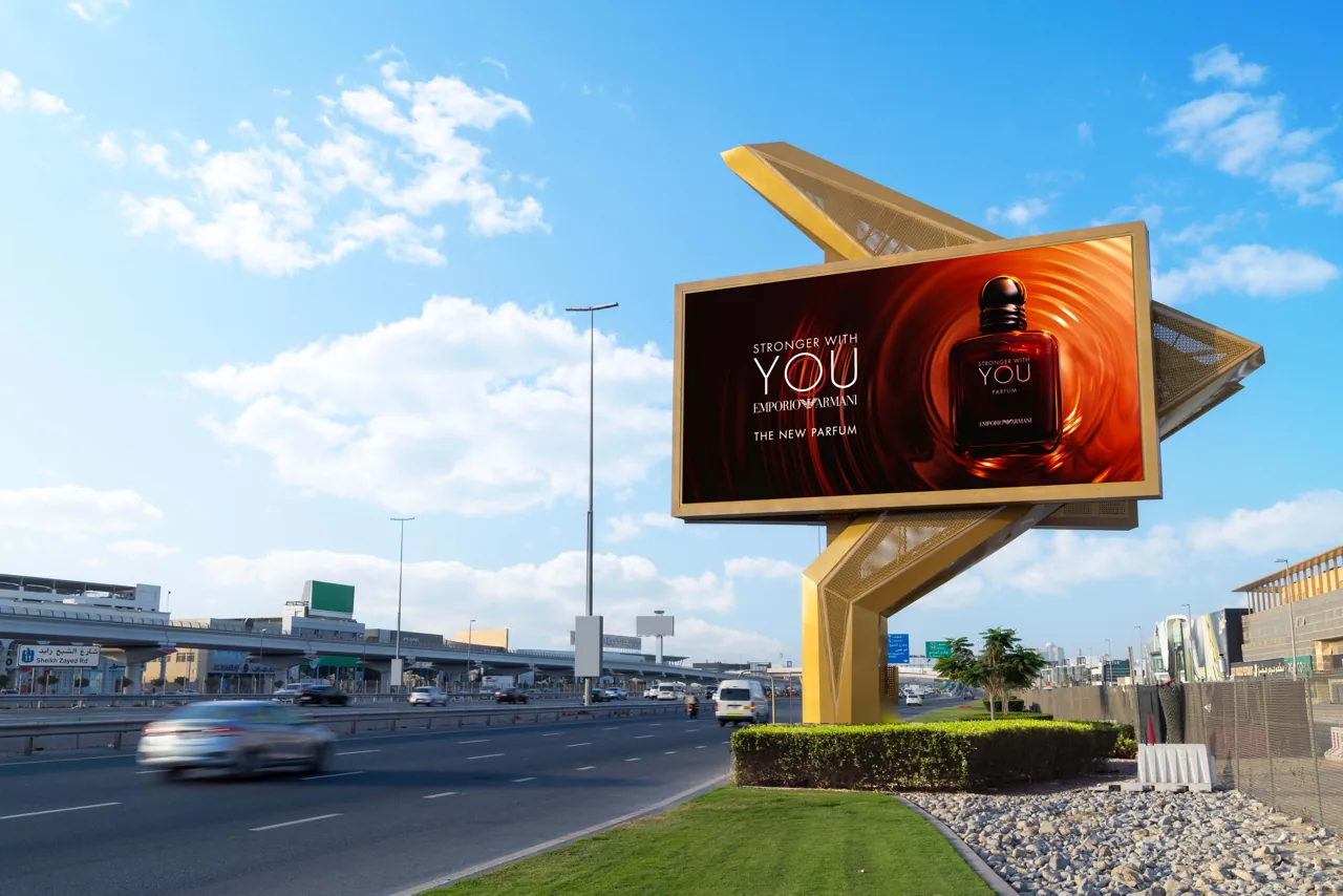 Armani campaign on The Oryx digital landmark screen, Sheikh Zayed Road, Dubai