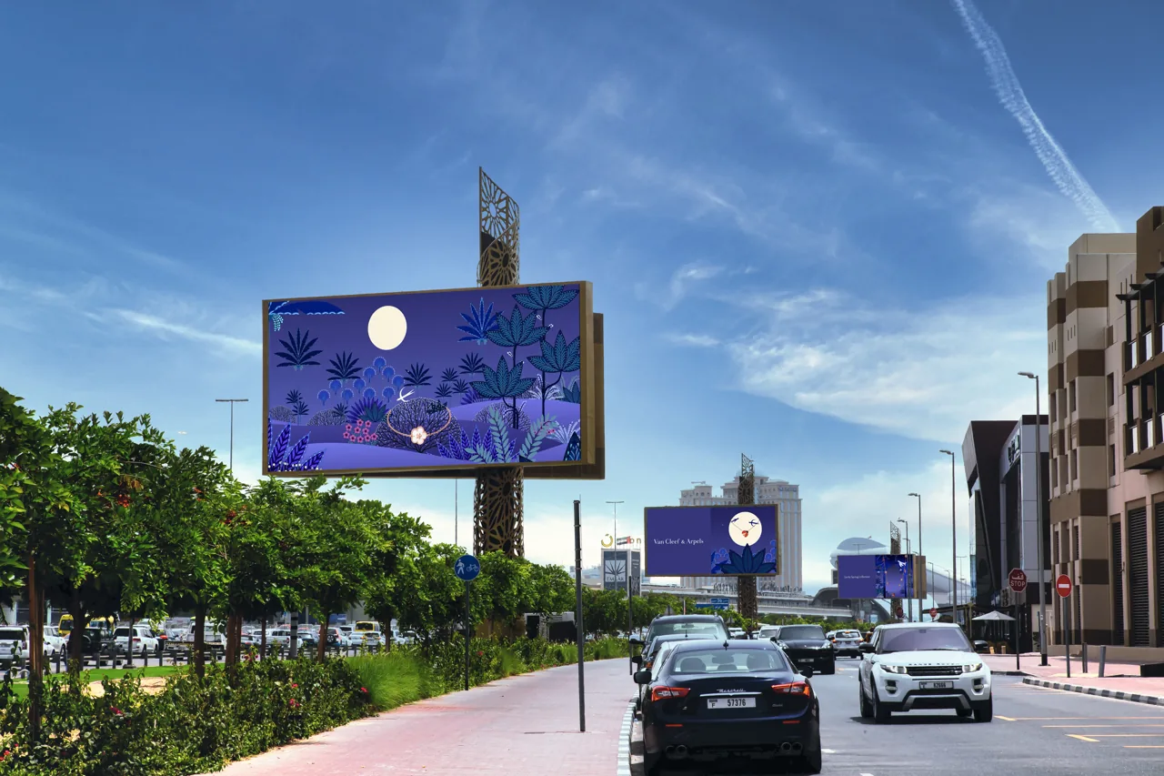 Van Cleef & Arpels campaign on The Triple Crown digital landmark screen, Dubai