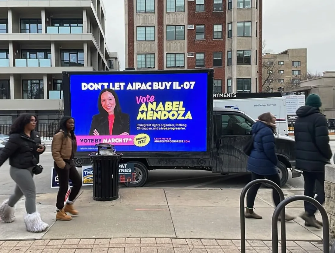 Political campaign (Anabel Mendoza / IL-07) digital LED mobile billboard truck on a Chicago street, by CAN'T MISS US
