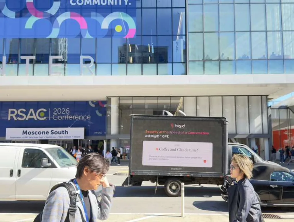 BigID / AskBigID GPT digital LED mobile billboard truck at RSAC 2026 outside Moscone South, by CAN'T MISS US