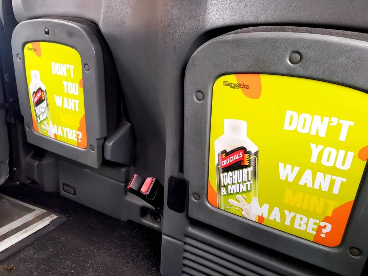 Taxi interior seat-back advertising panels for Crucials Yoghurt & Mint sauce ('Don't you want mint maybe?'), shot inside a cab