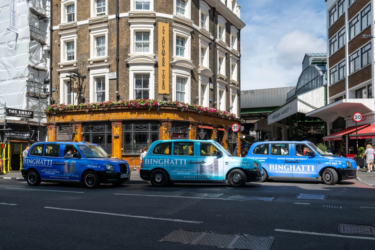 Binghatti Knightsbridge showroom launch - fully wrapped London black taxi (Excite Out Of Home)