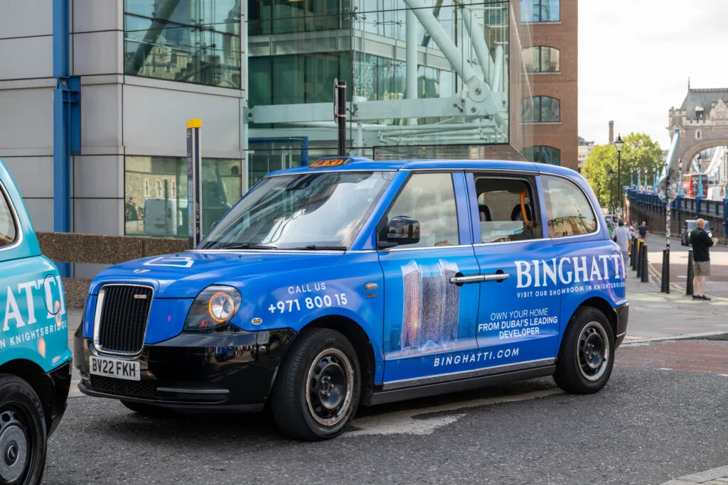 Binghatti fully wrapped London taxi, central London (Excite Out Of Home)