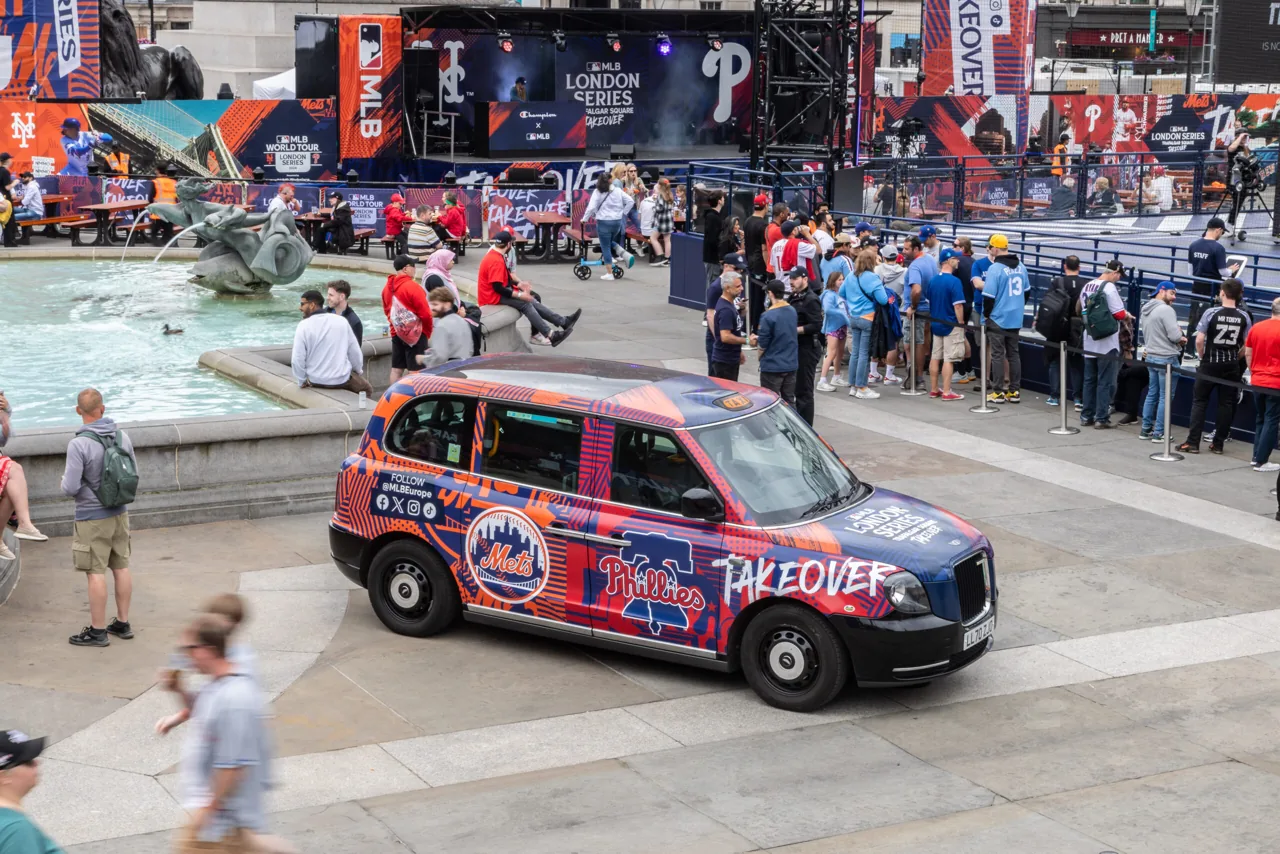 Major League Baseball London Series full taxi wrap, Trafalgar Square (Excite Out Of Home)