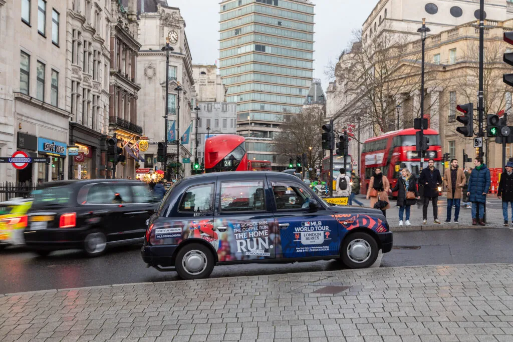 MLB fully wrapped London taxi fleet campaign (Excite Out Of Home)