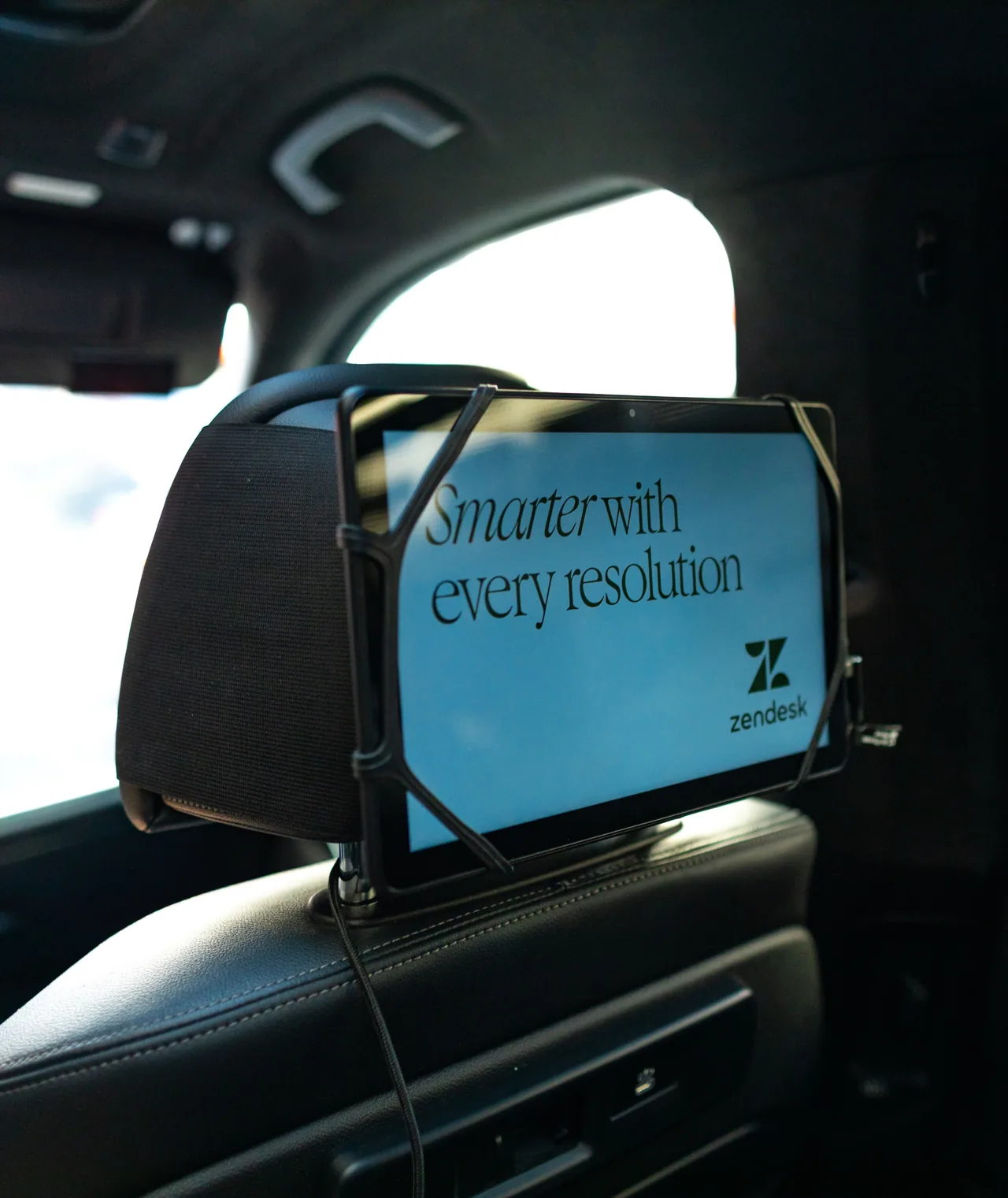 In-car interior tablet ad display in a rideshare vehicle (Good Traffic homepage)