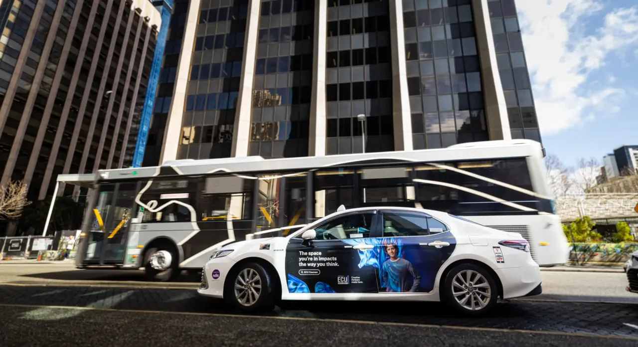 Edith Cowan University fully wrapped 4-door sedan taxi, Perth CBD (GoTransit Media Group)