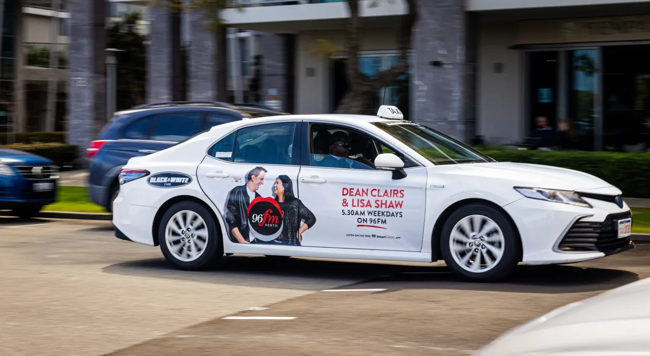Full-wrap sedan taxi campaign, Perth (GoTransit Media Group)