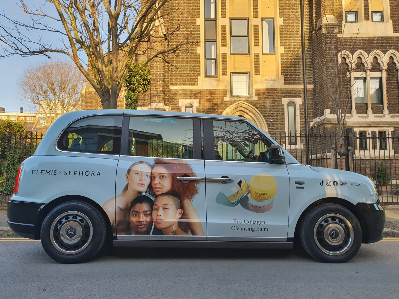 Elemis x Sephora Pro-Collagen full-livery superside taxi wrap on a London black cab (Huge Media own work)