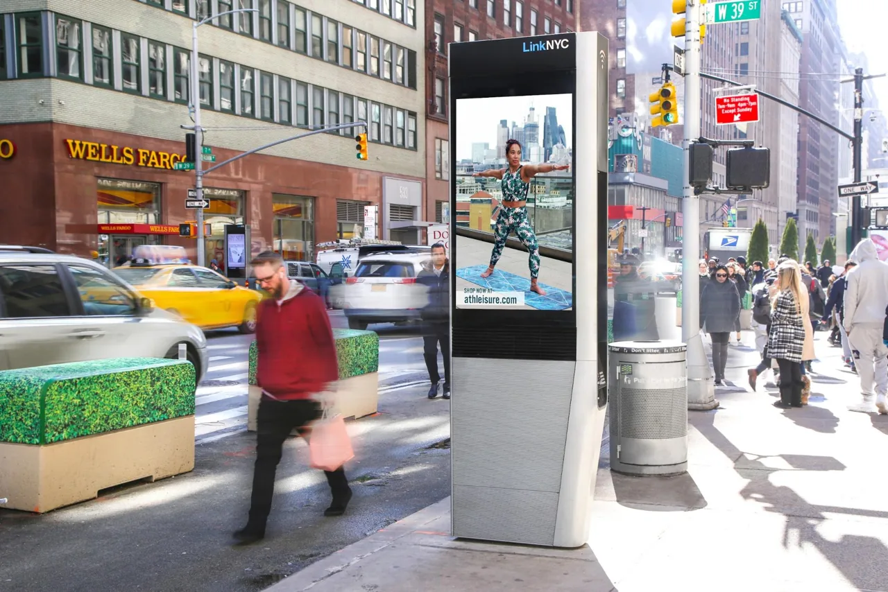 D2C athleisure brand campaign on a LinkNYC digital kiosk, NYC