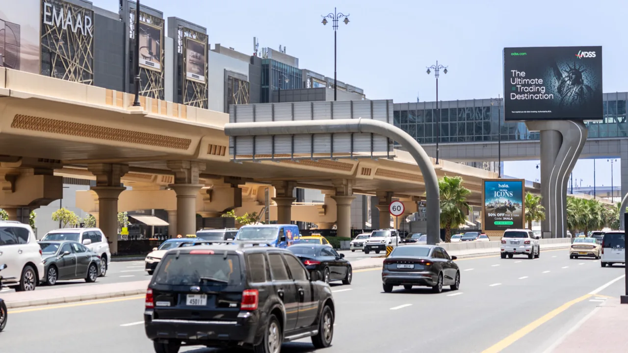 Media247 digital out-of-home (DOOH) street screen, real Dubai roadside installation (Sony camera photo)