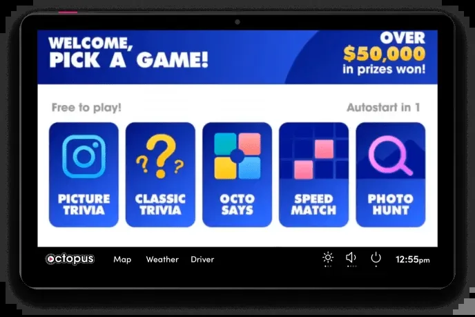 The Octopus rideshare tablet showing its 'Pick a Game' entertainment menu (Picture Trivia, Classic Trivia, Octo Says, Speed Match, Photo Hunt) with the Octopus status bar. Official device-screen render of the passenger-facing product.