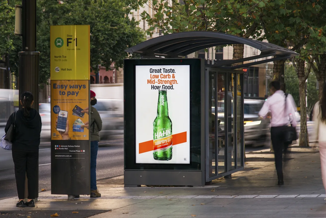 Hahn SuperDry 3.5 on a digital street-furniture panel at an Adelaide bus stop