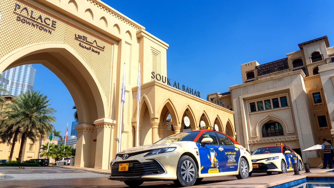 Taxis branded with GTC liveries waiting outside the Palace Hotel in Downtown Dubai