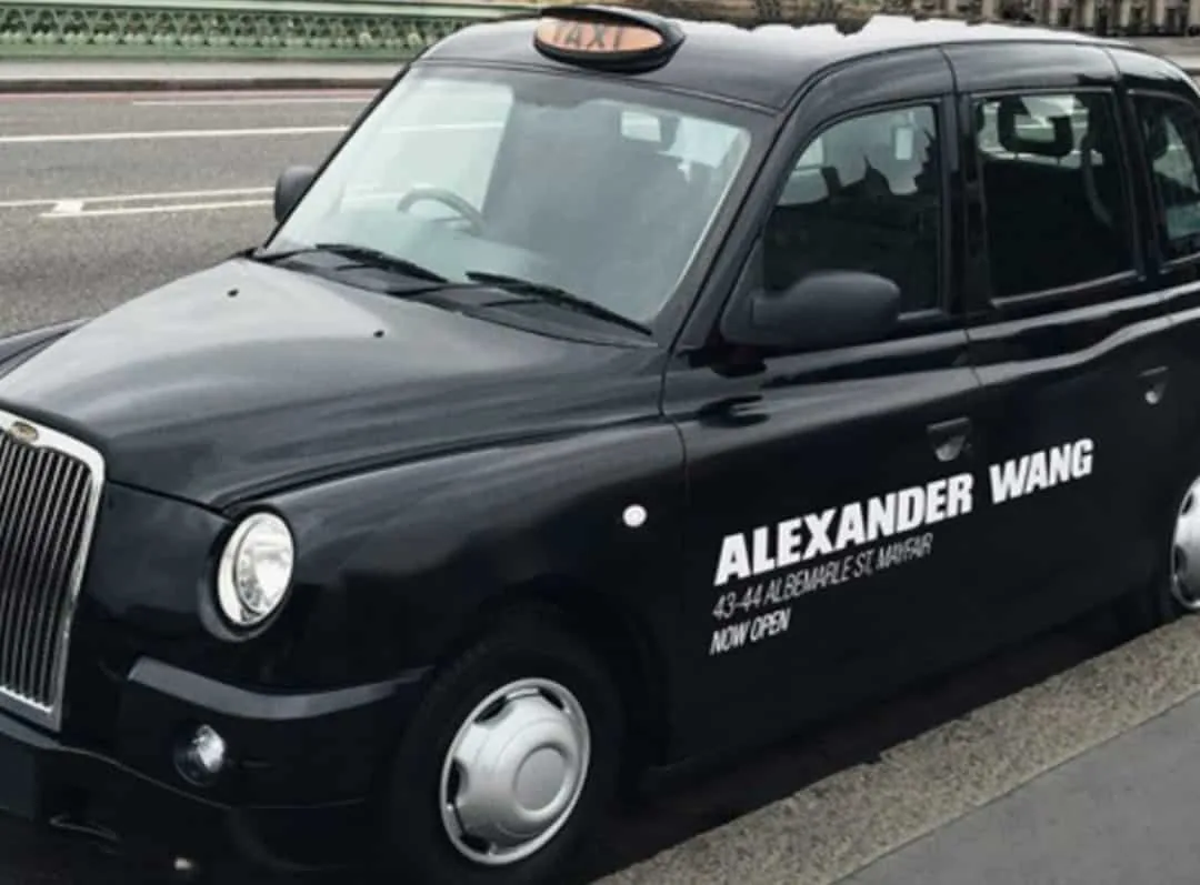 London black cab with an Alexander Wang taxi superside / livery ad (Albemarle St, Mayfair store opening)