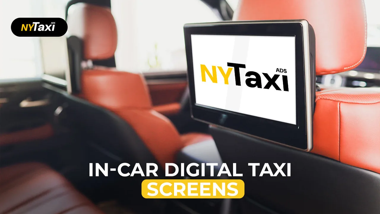 In-car digital taxi screen (passenger-facing) running an NYTaxi ad in a cab backseat