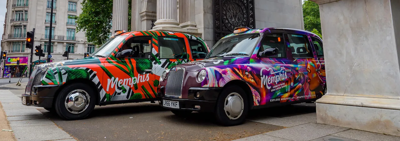 Memphis Travel ('Home of Blues, Soul & Rock'n'Roll') full-wrap London black cabs at Marble Arch