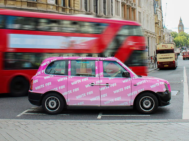 White Fox Boutique pink full-wrap London taxi (fashion sector campaign)