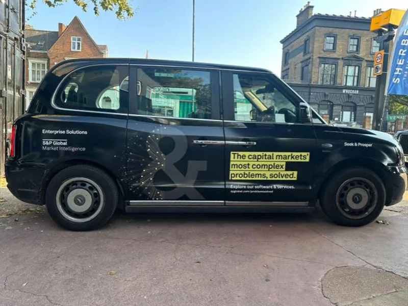 S&P Global Market Intelligence full-wrap London taxi (finance sector campaign)