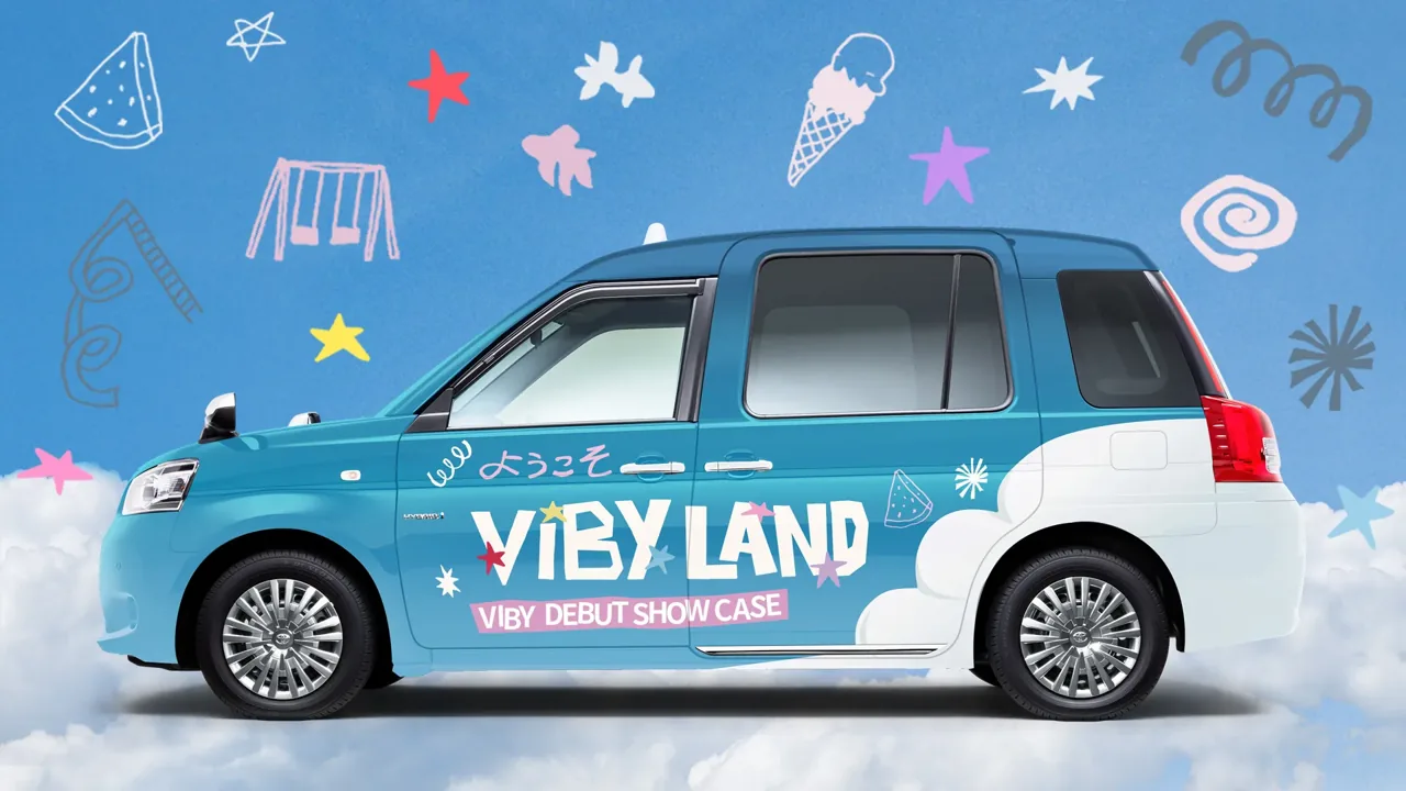 S.RIDE 'VIBY LAND' VIBY debut showcase wrapped taxi, Tokyo, Aug 2026 branded campaign