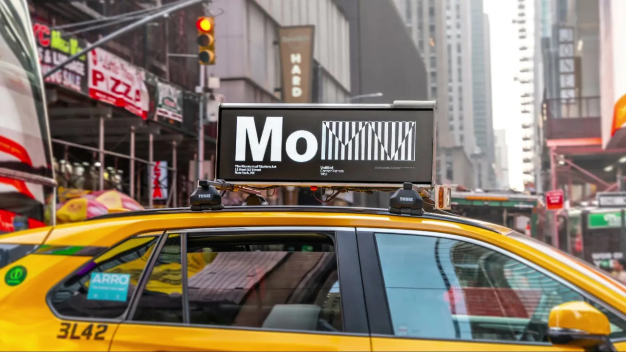 Digital taxi-top display on a NYC yellow cab in Times Square