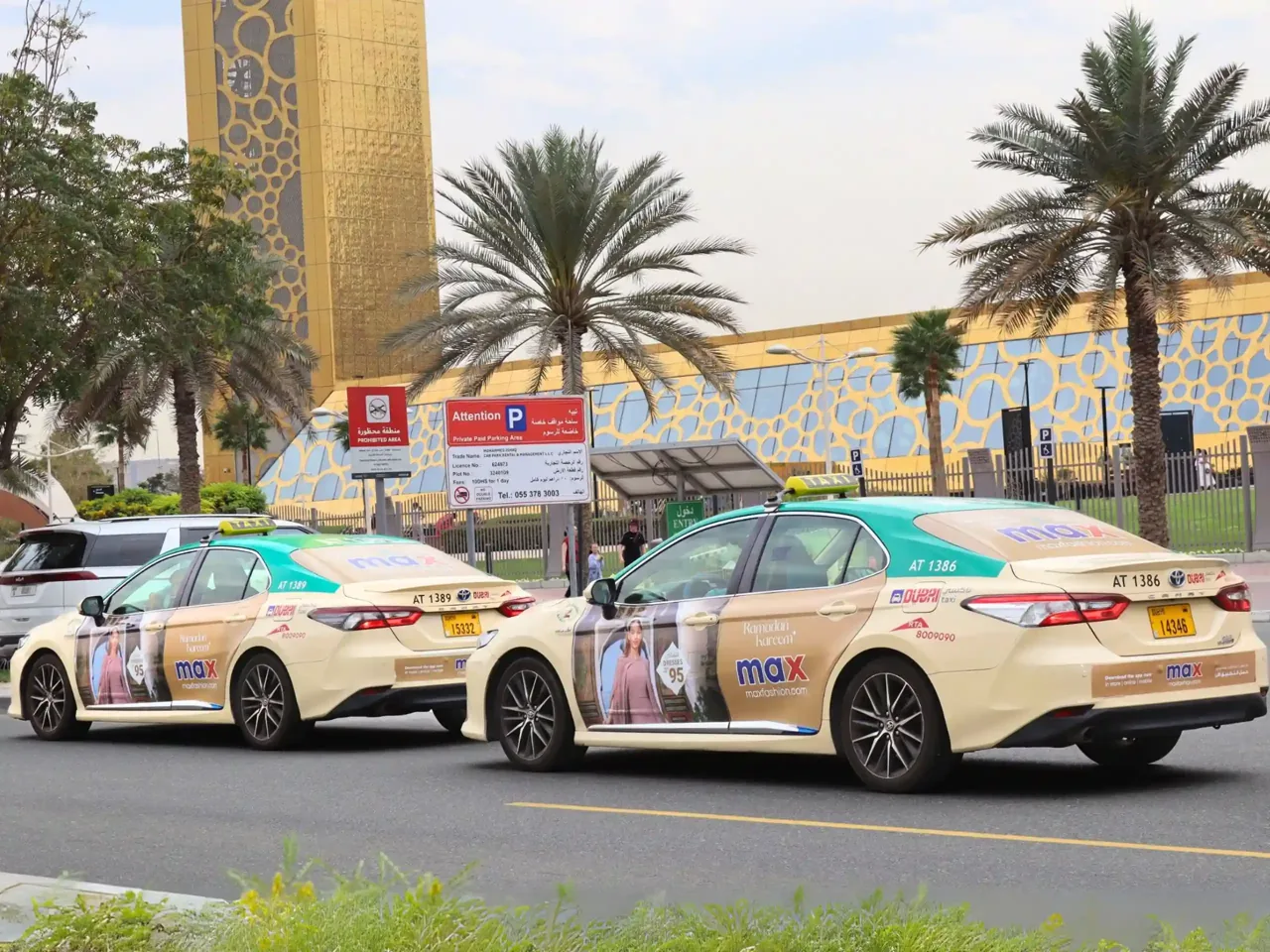 Branded Dubai taxi with rooftop/body advertising, from Synergy Arabia's project portfolio