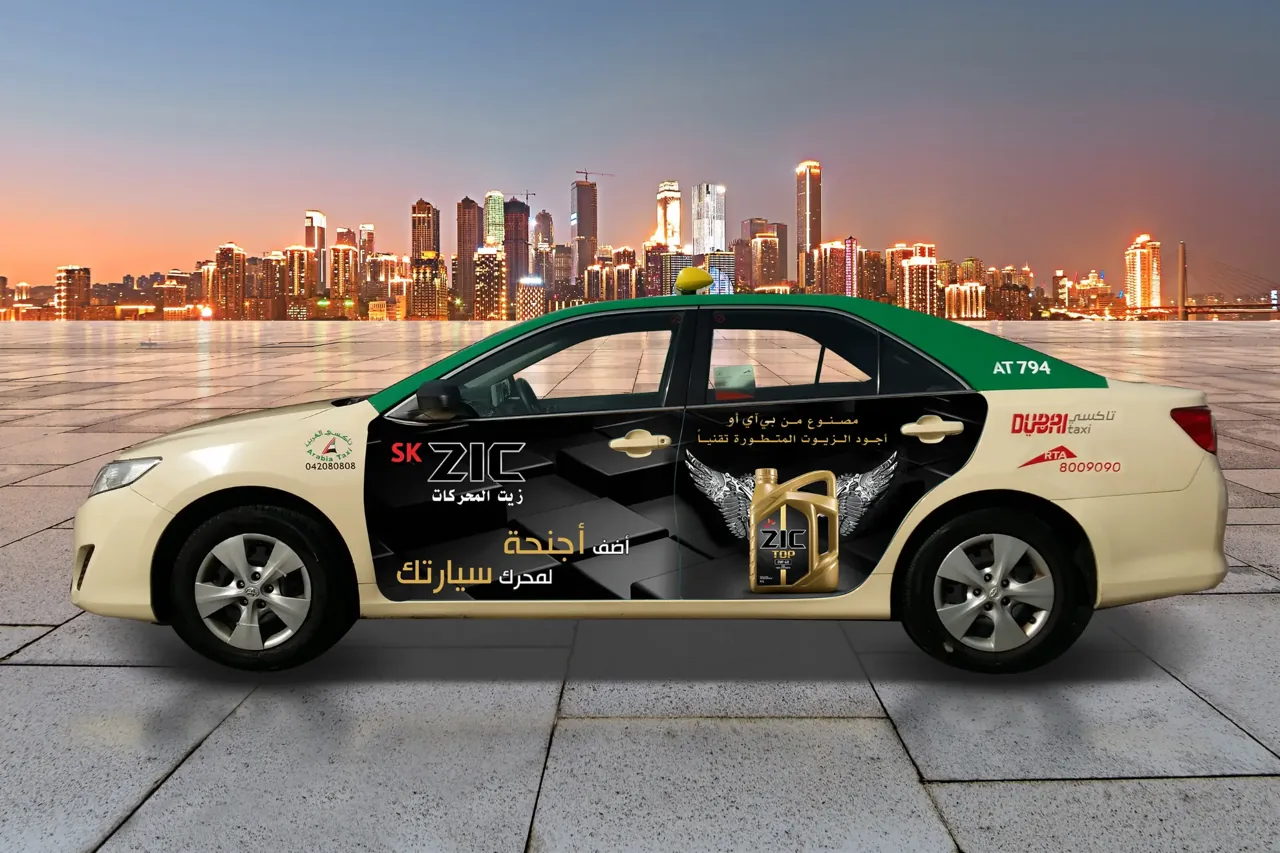 Wrapped taxi advertising deployed in Dubai, Synergy Arabia project portfolio