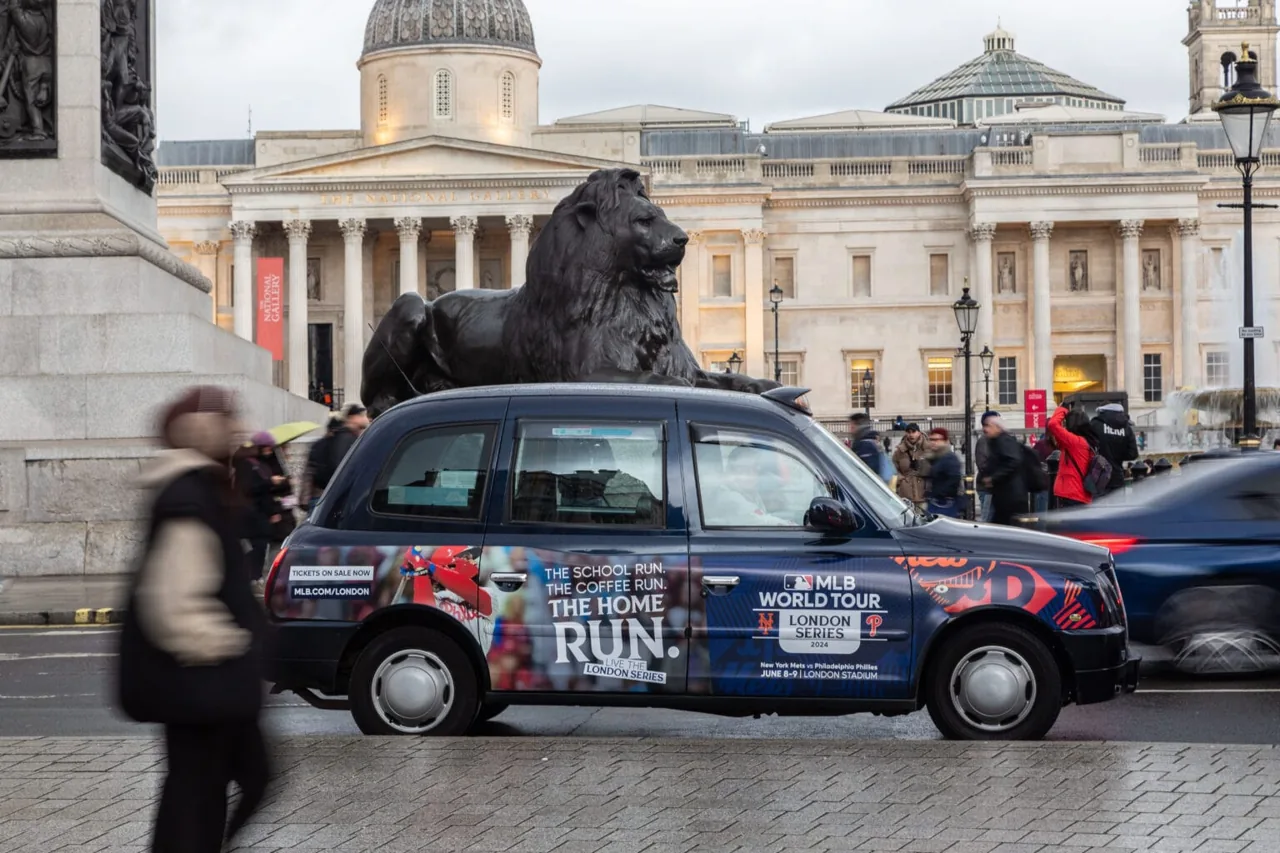 MLB World Tour London Series full black-cab wrap at Trafalgar Square (Taxi Wraps campaign)