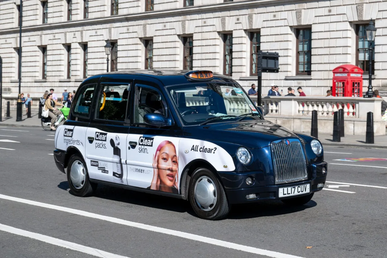 The Inkey List 'All clear?' black-cab superside/livery wrap, central London (Taxi Wraps, Aug 2024)