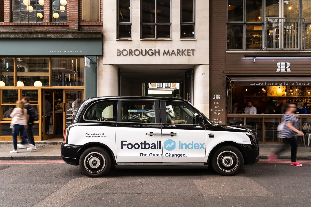 Football Index superside/livery taxi campaign on London streets