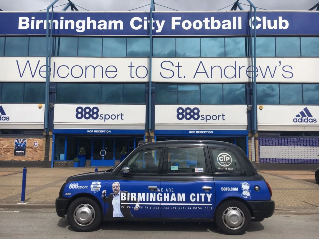 888sport / Birmingham City FC full-livery taxi wrap photographed at St Andrew's stadium (The Ark Marketing & Media own work)