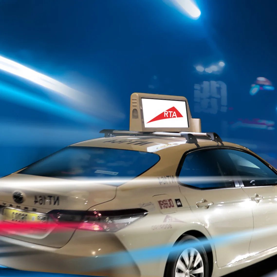 Dubai RTA taxi fitted with Top Digital's dual-sided rooftop full-colour LED panel (RTA creative on screen)