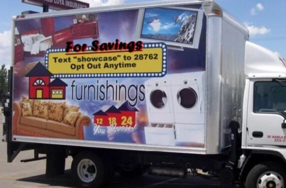 'Furnishings — 12/18/24 You Choose' box-truck side mobile billboard with SMS call-to-action (TruckAds)