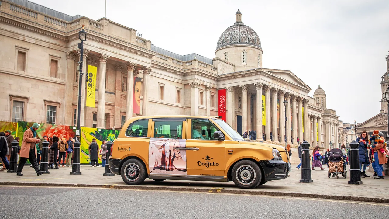 Don Julio full-livery London black cab wrap at Trafalgar Square for the BAFTAs, by Ubiquitous Taxi Advertising
