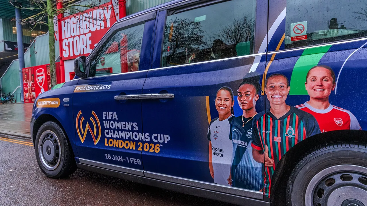 FIFA Women's Champions Cup London 2026 full-livery black cab wrap, by Ubiquitous Taxi Advertising