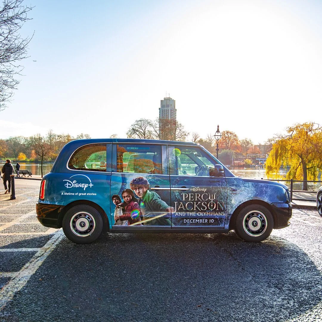 Disney+ 'Percy Jackson and the Olympians' full-livery London black cab wrap, by Ubiquitous Taxi Advertising