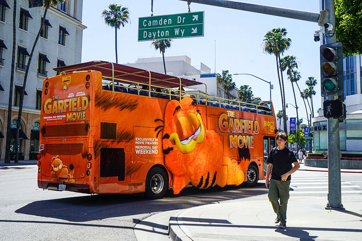 Sony 'The Garfield Movie' full wrap on an LA double-decker bus, Vector Media