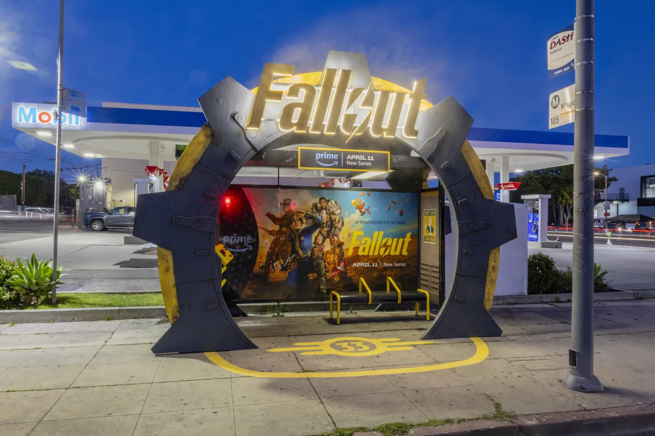 Amazon Prime Video 'Fallout' bus-shelter buildout at LA Staples/STAP, Vector Media