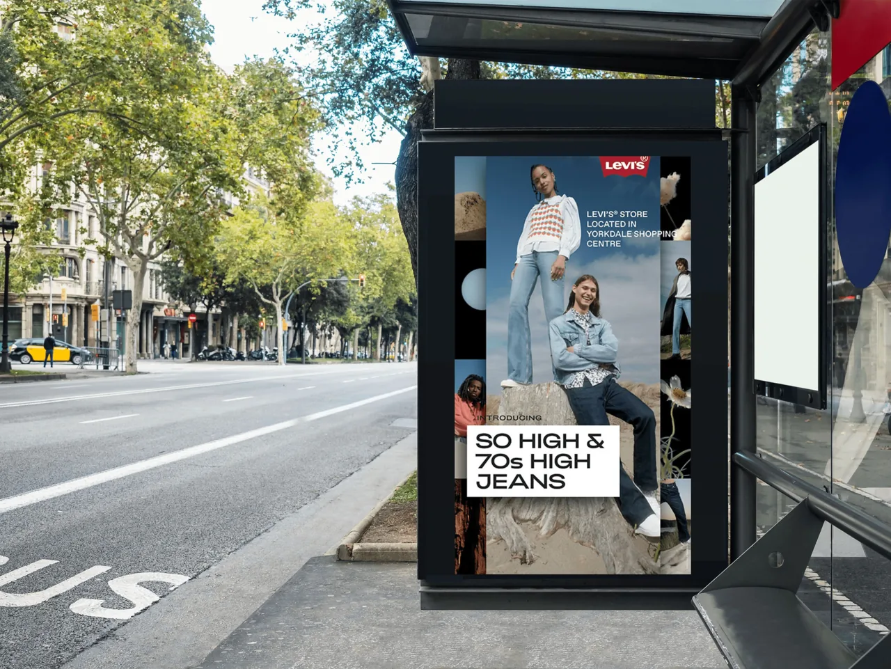 Levi's programmatic DOOH ad on a street-level bus-shelter digital panel, Canada (Vistar Media case study)