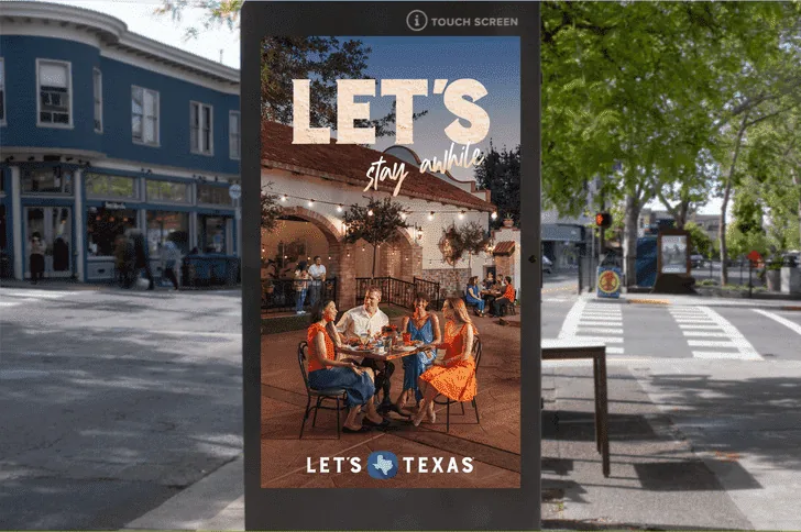 Travel Texas 'Let's Texas' 3D DOOH creative on a street-level urban screen (Vistar Media case study)