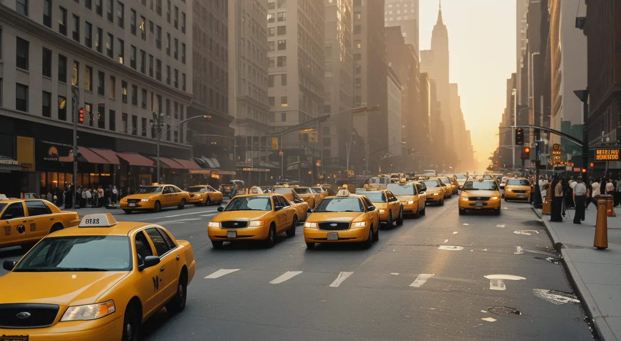 Yellow taxis moving through a dense New York avenue at golden hour