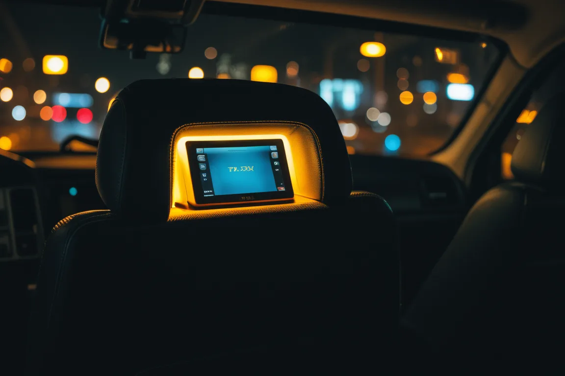 Screen mounted behind the front seat of a taxi, glowing inside the night-time cabin