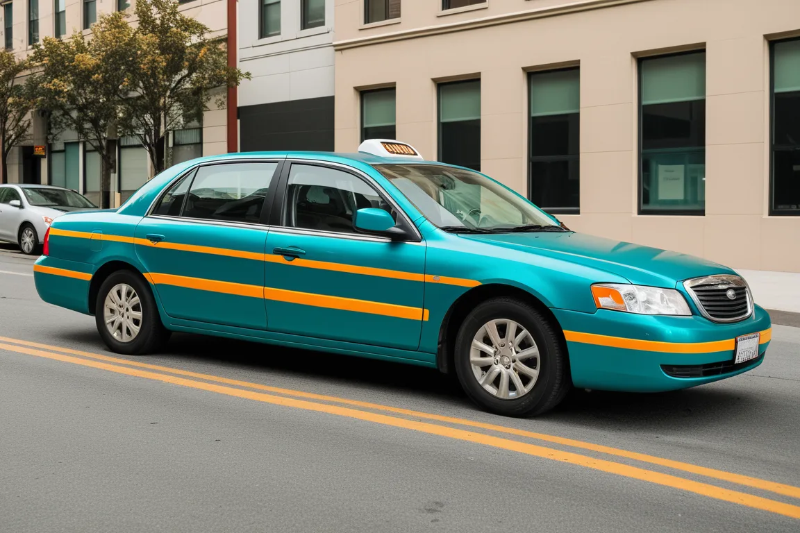 Taxi covered in a vivid two-tone vinyl wrap parked on a city street in morning light
