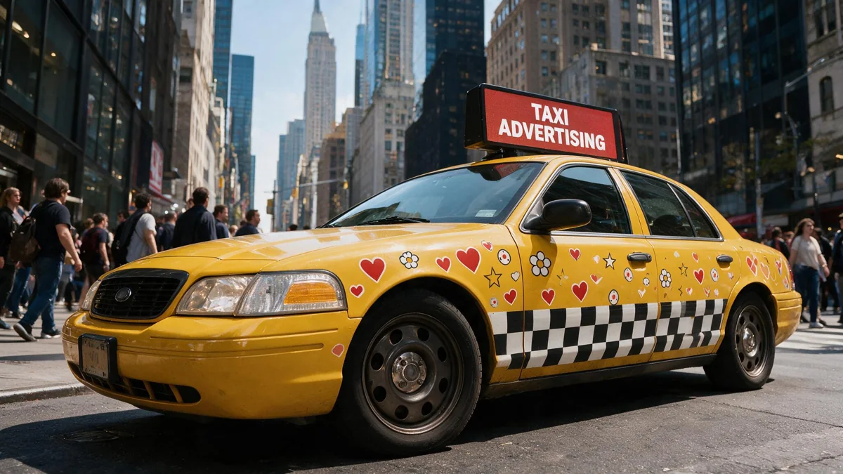 Advertising-wrapped taxi on a busy city street
